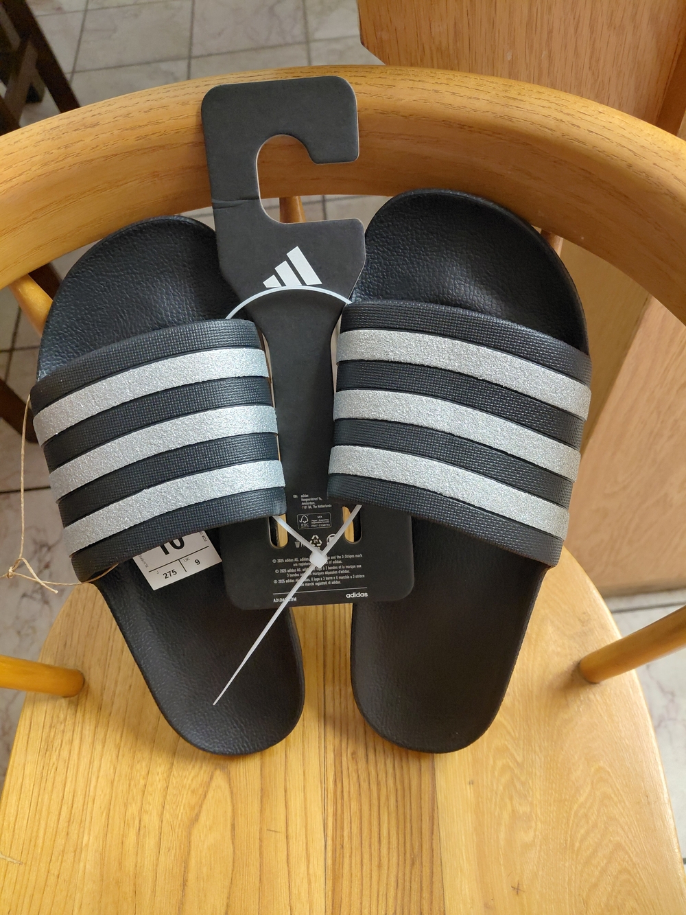 Brand New Women's Adidas Black Slides with Silver Stripes - Picture 1 of 4